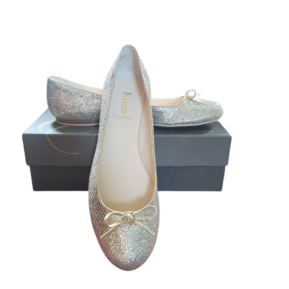 Sparling Enzo Angiolini Silver & Gold Ballet Flats with Bow Detail Size 10